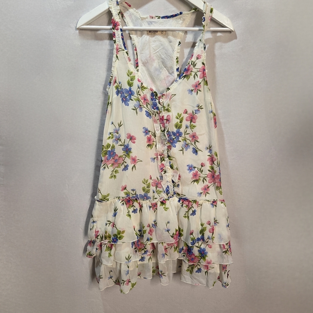 Hollister Ivory Floral Ruffle Drop-Waist Y2K Mini Summer Dress Size M